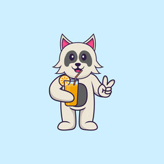 Cute dog holding orange juice in glass. Animal cartoon concept isolated. Can used for t-shirt, greeting card, invitation card or mascot. Flat Cartoon Style