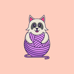 Cute dog playing with wool yarn. Animal cartoon concept isolated. Can used for t-shirt, greeting card, invitation card or mascot. Flat Cartoon Style