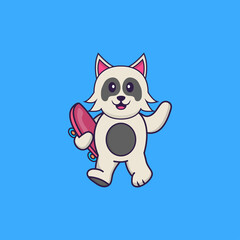 Cute dog holding a skateboard. Animal cartoon concept isolated. Can used for t-shirt, greeting card, invitation card or mascot. Flat Cartoon Style