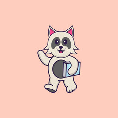Cute dog holding a book. Animal cartoon concept isolated. Can used for t-shirt, greeting card, invitation card or mascot. Flat Cartoon Style