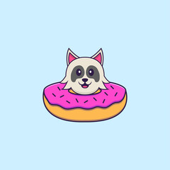 Cute dog with a donut on his neck. Animal cartoon concept isolated. Can used for t-shirt, greeting card, invitation card or mascot. Flat Cartoon Style