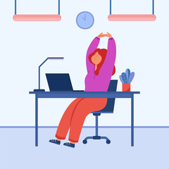 Happy employee stretching while sitting at office desk. Calm cartoon character resting from work on laptop flat vector illustration. Break time, workplace concept for banner, website design