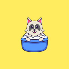 Cute dog taking a bath in the bathtub. Animal cartoon concept isolated. Can used for t-shirt, greeting card, invitation card or mascot. Flat Cartoon Style