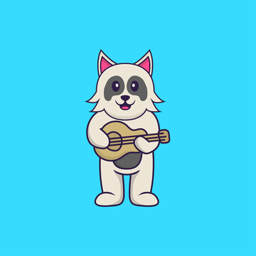 Cute dog playing guitar. Animal cartoon concept isolated. Can used for t-shirt, greeting card, invitation card or mascot. Flat Cartoon Style