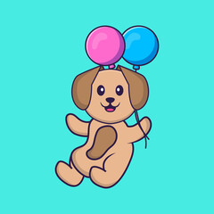 Cute dog flying with two balloons. Animal cartoon concept isolated. Can used for t-shirt, greeting card, invitation card or mascot. Flat Cartoon Style