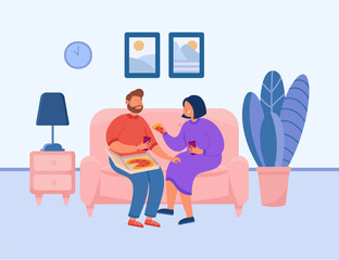 Cute couple eating pizza on couch. Boyfriend and girlfriend on sofa, man and woman eating together at home flat vector illustration. Junk food, relationship, love concept for banner, website design