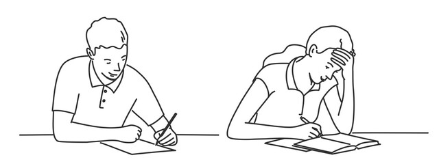 Young woman and man are sitting at the table and write letter, test.