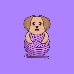 Cute dog playing with wool yarn. Animal cartoon concept isolated. Can used for t-shirt, greeting card, invitation card or mascot. Flat Cartoon Style