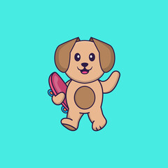 Cute dog holding a skateboard. Animal cartoon concept isolated. Can used for t-shirt, greeting card, invitation card or mascot. Flat Cartoon Style