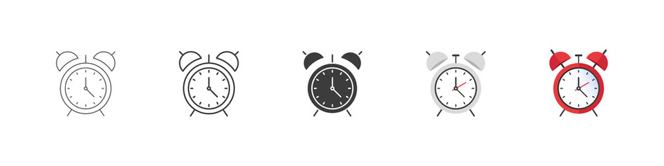 Alarm clock vector icons. Clock symbols. Alarm clock icons in different styles. Vector illustration