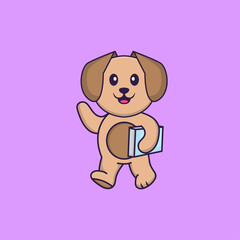 Cute dog holding a book. Animal cartoon concept isolated. Can used for t-shirt, greeting card, invitation card or mascot. Flat Cartoon Style