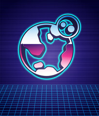Retro style Earth globe icon isolated futuristic landscape background. World or Earth sign. Global internet symbol. Geometric shapes. 80s fashion party. Vector