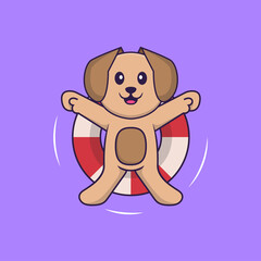 Cute dog is Swimming with a buoy. Animal cartoon concept isolated. Can used for t-shirt, greeting card, invitation card or mascot. Flat Cartoon Style