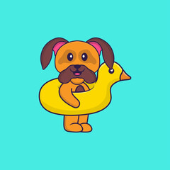 Cute dog With Duck buoy. Animal cartoon concept isolated. Can used for t-shirt, greeting card, invitation card or mascot. Flat Cartoon Style