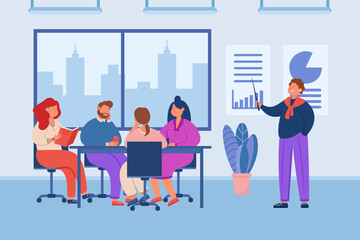 Manager giving tiresome presentation to audience in office. Cartoon character giving boring lecture to team of people, training at work flat vector illustration. Business meeting concept for banner