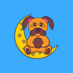 Cute dog is sitting on the moon. Animal cartoon concept isolated. Can used for t-shirt, greeting card, invitation card or mascot. Flat Cartoon Style