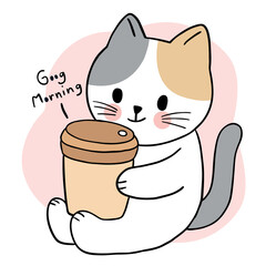 Cartoon cute cat drink cup coffee vector.
