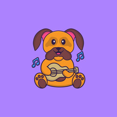 Cute dog playing guitar. Animal cartoon concept isolated. Can used for t-shirt, greeting card, invitation card or mascot. Flat Cartoon Style