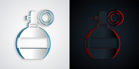 Paper cut Hand grenade icon isolated on grey and black background. Bomb explosion. Paper art style. Vector