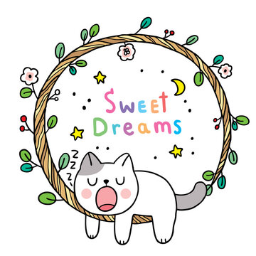 Cartoon cute cat sleppy in circle frame leaves vector.