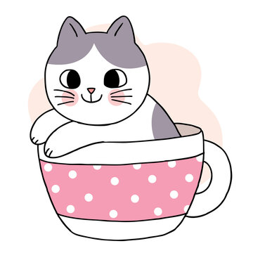 Cartoon cute cat in cup coffee vector.