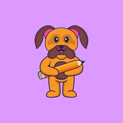 Cute dog holding a pencil. Animal cartoon concept isolated. Can used for t-shirt, greeting card, invitation card or mascot. Flat Cartoon Style