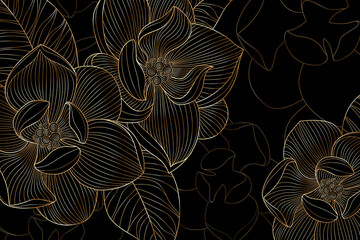 Gold magnolia flower line art, luxury wallpaper and invitation card © TAW4