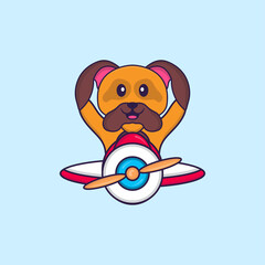Cute dog flying on a plane. Animal cartoon concept isolated. Can used for t-shirt, greeting card, invitation card or mascot. Flat Cartoon Style