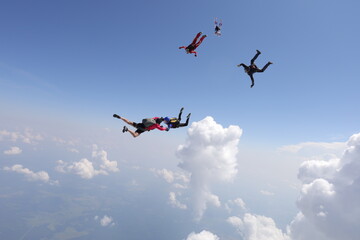 Fototapeta na wymiar Skydiving. Formation. Skydivers are having fun in the amazing sky.