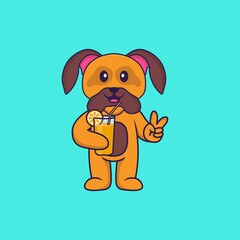 Cute dog holding orange juice in glass. Animal cartoon concept isolated. Can used for t-shirt, greeting card, invitation card or mascot. Flat Cartoon Style