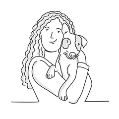 Woman with long hair embracing dog.