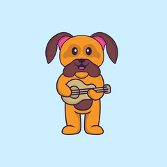Cute dog playing guitar. Animal cartoon concept isolated. Can used for t-shirt, greeting card, invitation card or mascot. Flat Cartoon Style
