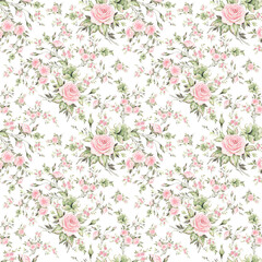 Floral seamless pattern luxury roses drawn on paper with paints