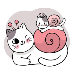 Cartoon cute cats is wearing  snail vector. 