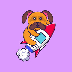 Cute dog flying on rocket. Animal cartoon concept isolated. Can used for t-shirt, greeting card, invitation card or mascot. Flat Cartoon Style