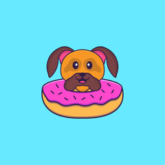 Cute dog with a donut on his neck. Animal cartoon concept isolated. Can used for t-shirt, greeting card, invitation card or mascot. Flat Cartoon Style