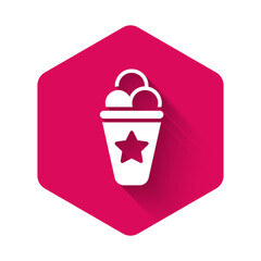 White Ice cream in waffle cone icon isolated with long shadow background. Sweet symbol. Pink hexagon button. Vector