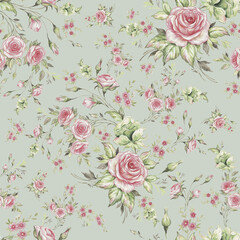 Floral seamless pattern luxury roses drawn on paper with paints