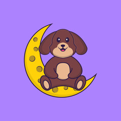 Cute dog is sitting on the moon. Animal cartoon concept isolated. Can used for t-shirt, greeting card, invitation card or mascot. Flat Cartoon Style