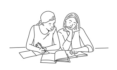 Two female students prepare for exams, studying process concept.
