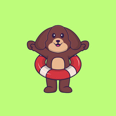 Cute dog using a float. Animal cartoon concept isolated. Can used for t-shirt, greeting card, invitation card or mascot. Flat Cartoon Style