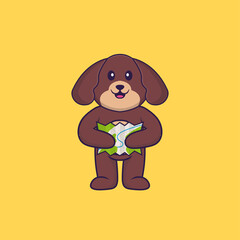 Cute dog holding a map. Animal cartoon concept isolated. Can used for t-shirt, greeting card, invitation card or mascot. Flat Cartoon Style