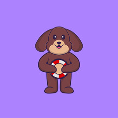 Cute dog holding a buoy. Animal cartoon concept isolated. Can used for t-shirt, greeting card, invitation card or mascot. Flat Cartoon Style