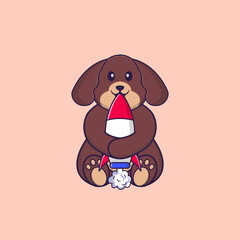 Cute dog holding a rocket. Animal cartoon concept isolated. Can used for t-shirt, greeting card, invitation card or mascot. Flat Cartoon Style