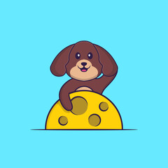 Cute dog is on the moon. Animal cartoon concept isolated. Can used for t-shirt, greeting card, invitation card or mascot. Flat Cartoon Style