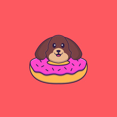 Cute dog with a donut on his neck. Animal cartoon concept isolated. Can used for t-shirt, greeting card, invitation card or mascot. Flat Cartoon Style