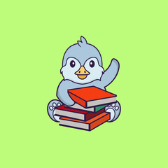 Cute bird reading a book. Animal cartoon concept isolated. Can used for t-shirt, greeting card, invitation card or mascot. flat cartoon style