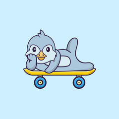 Cute bird lying on a skateboard. Animal cartoon concept isolated. Can used for t-shirt, greeting card, invitation card or mascot. Flat Cartoon Style