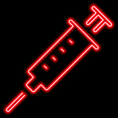 Red neon stylized syringe contour on a black background