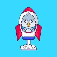 Cute bird flying on rocket. Animal cartoon concept isolated. Can used for t-shirt, greeting card, invitation card or mascot. Flat Cartoon Style